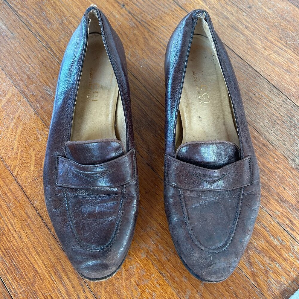 Vintage Gucci Loafers Brown Leather Size 7.5